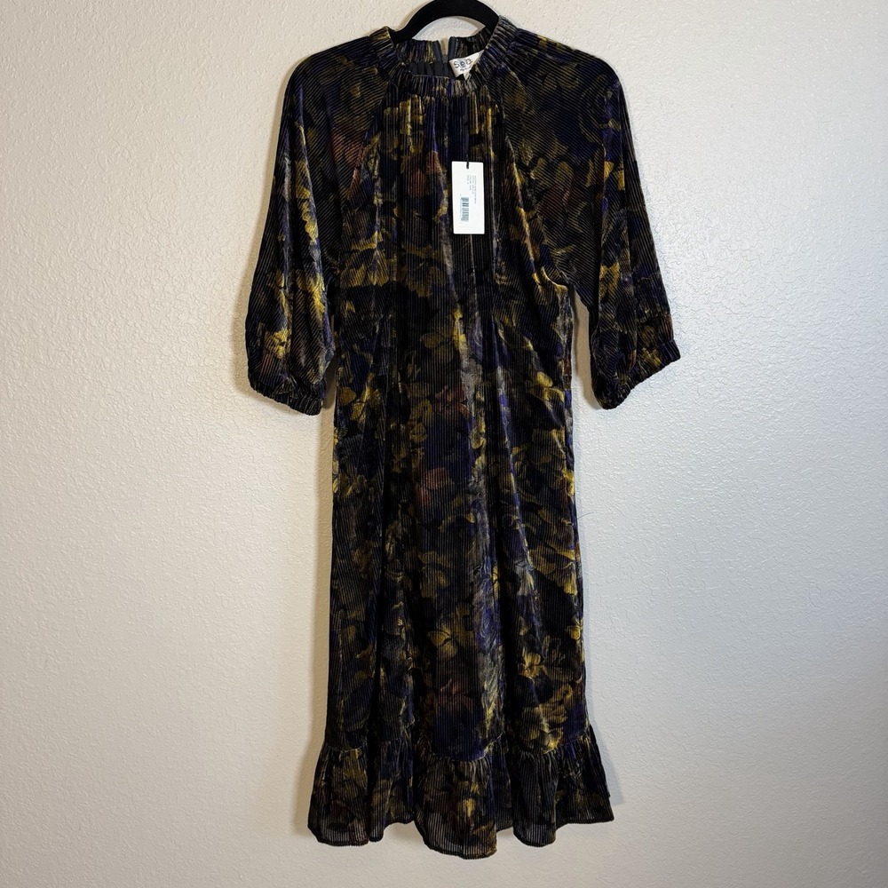 NWT Sea New York Dress Dogwood Dropped Shoulder Velvet Midi 6 Dark Floral Fall - Picture 4 of 13